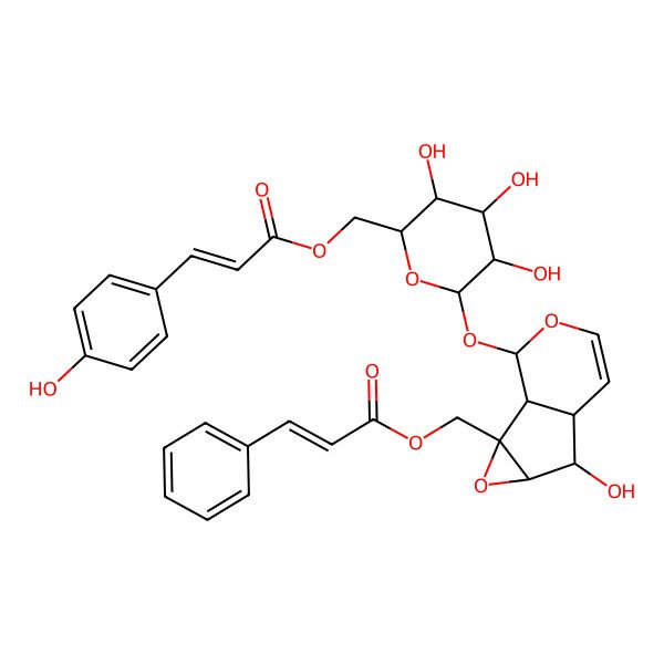 2D Structure of [(1S,2S,4S,5R,6S,10R)-5-hydroxy-10-[(2S,3R,4S,5S,6R)-3,4,5-trihydroxy-6-[[(E)-3-(4-hydroxyphenyl)prop-2-enoyl]oxymethyl]oxan-2-yl]oxy-3,9-dioxatricyclo[4.4.0.02,4]dec-7-en-2-yl]methyl (E)-3-phenylprop-2-enoate