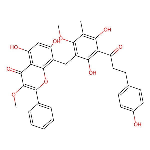 2D Structure of 8-[[2,4-Dihydroxy-3-[3-(4-hydroxyphenyl)propanoyl]-6-methoxy-5-methylphenyl]methyl]-5,7-dihydroxy-3-methoxy-2-phenylchromen-4-one