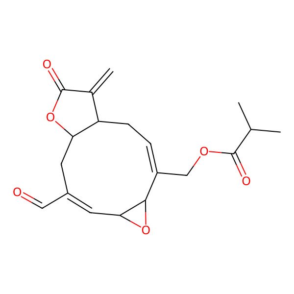 2D Structure of [(1R,3E,5S,7R,8E,11S)-9-formyl-14-methylidene-13-oxo-6,12-dioxatricyclo[9.3.0.05,7]tetradeca-3,8-dien-4-yl]methyl 2-methylpropanoate