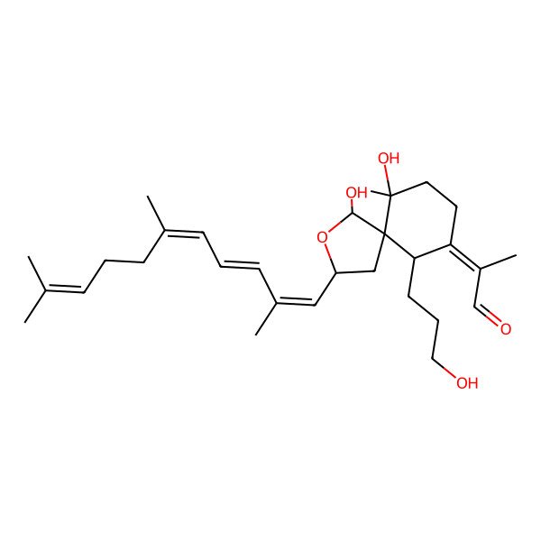 2D Structure of (2Z)-2-[(1S,3S,5R,6S,10R)-1,6-dihydroxy-10-(3-hydroxypropyl)-6-methyl-3-[(1E,3E,5E)-2,6,10-trimethylundeca-1,3,5,9-tetraenyl]-2-oxaspiro[4.5]decan-9-ylidene]propanal