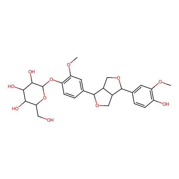 2D Structure of (2S,3R,4S,5R,6R)-2-[4-[(3S,3aR,6S,6aR)-3-(4-hydroxy-3-methoxyphenyl)-1,3,3a,4,6,6a-hexahydrofuro[3,4-c]furan-6-yl]-2-methoxyphenoxy]-6-(hydroxymethyl)oxane-3,4,5-triol