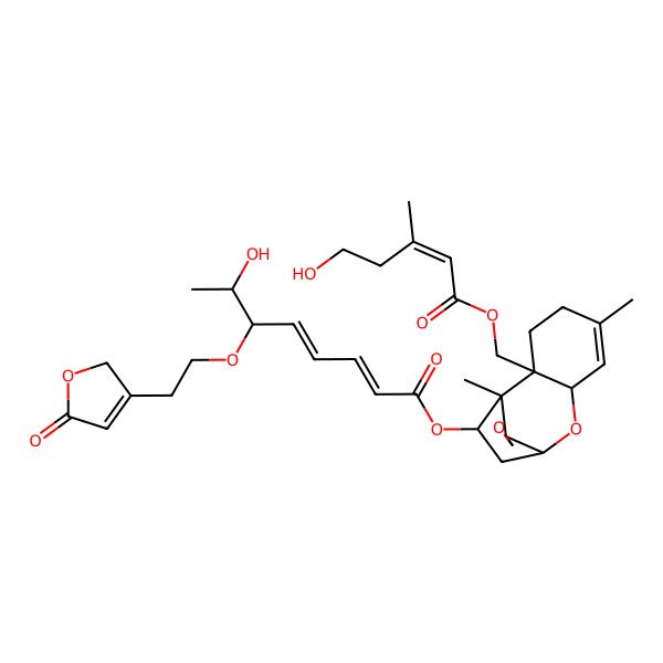 2D Structure of [(1R,2R,7R,9S,11R,12R)-2-[[(E)-5-hydroxy-3-methylpent-2-enoyl]oxymethyl]-1,5-dimethylspiro[8-oxatricyclo[7.2.1.02,7]dodec-5-ene-12,2'-oxirane]-11-yl] (2E,4E,6S,7S)-7-hydroxy-6-[2-(5-oxo-2H-furan-3-yl)ethoxy]octa-2,4-dienoate