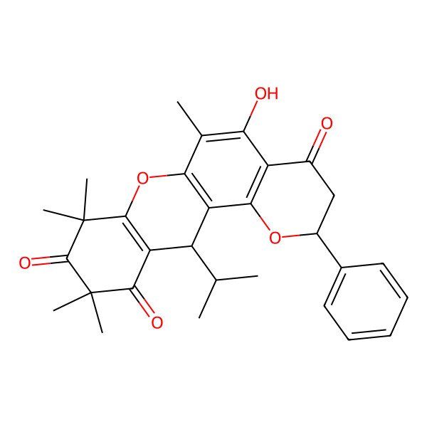 2D Structure of (2S,12R)-5-hydroxy-6,8,8,10,10-pentamethyl-2-phenyl-12-propan-2-yl-3,12-dihydro-2H-pyrano[2,3-a]xanthene-4,9,11-trione