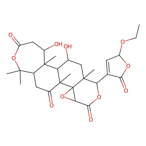 2D Structure of (1R,2R,4S,7R,8S,10S,11S,12R,13S,18S)-7-[(2R)-2-ethoxy-5-oxo-2H-furan-4-yl]-10,13-dihydroxy-1,8,12,17,17-pentamethyl-3,6,16-trioxapentacyclo[9.9.0.02,4.02,8.012,18]icosane-5,15,20-trione