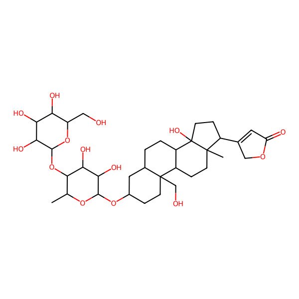 2D Structure of 3-[(3S,5R,8R,9S,10R,13R,14S,17R)-3-[(2R,3R,4R,5S,6R)-3,4-dihydroxy-6-methyl-5-[(2S,3R,4S,5S,6R)-3,4,5-trihydroxy-6-(hydroxymethyl)oxan-2-yl]oxyoxan-2-yl]oxy-14-hydroxy-10-(hydroxymethyl)-13-methyl-1,2,3,4,5,6,7,8,9,11,12,15,16,17-tetradecahydrocyclopenta[a]phenanthren-17-yl]-2H-furan-5-one