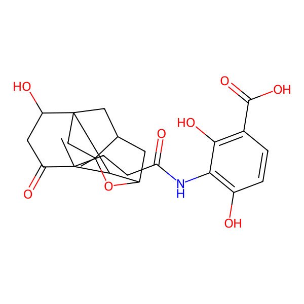 2D Structure of 2,4-dihydroxy-3-[3-[(1R,2R,5S,7S,9S)-2-hydroxy-5,9-dimethyl-4-oxo-8-oxatetracyclo[7.2.1.17,10.01,6]tridecan-5-yl]propanoylamino]benzoic acid