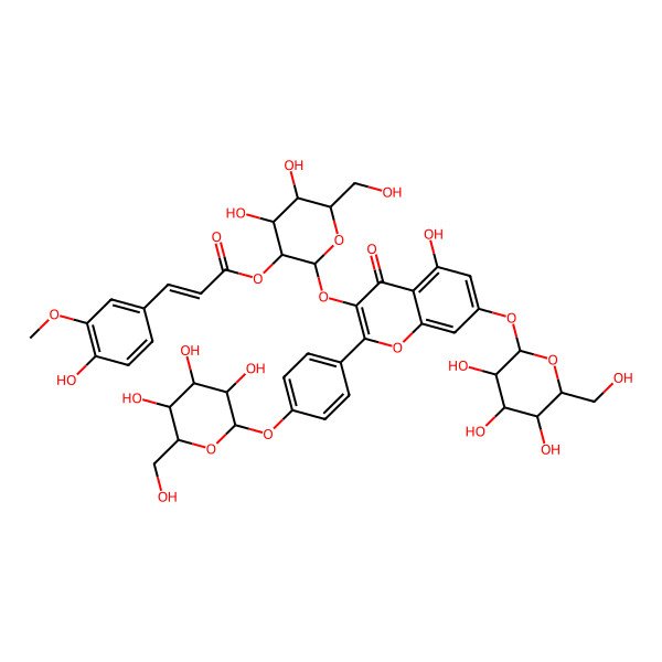 2D Structure of 7-(beta-D-Glucopyranosyloxy)-2-[4-(beta-D-glucopyranosyloxy)phenyl]-5-hydroxy-3-[[2-O-[(2E)-3-(4-hydroxy-3-methoxyphenyl)-1-oxo-2-propen-1-yl]-beta-D-glucopyranosyl]oxy]-4H-1-benzopyran-4-one