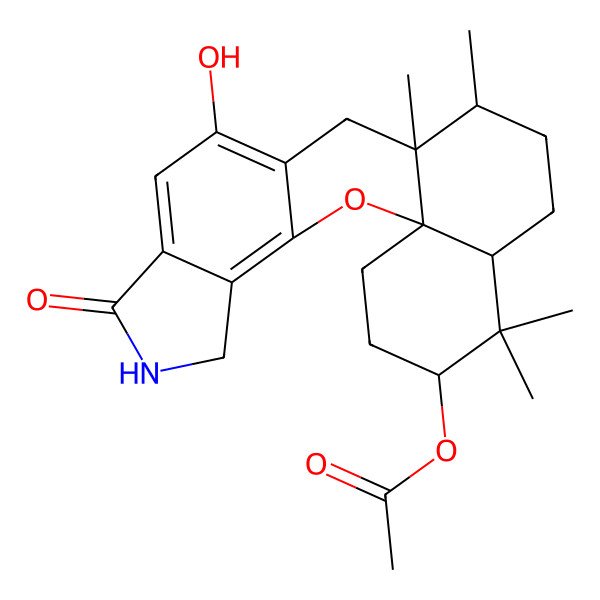 2D Structure of (10-Hydroxy-13,14,18,18-tetramethyl-7-oxo-2-oxa-6-azapentacyclo[11.8.0.01,17.03,11.04,8]henicosa-3,8,10-trien-19-yl) acetate
