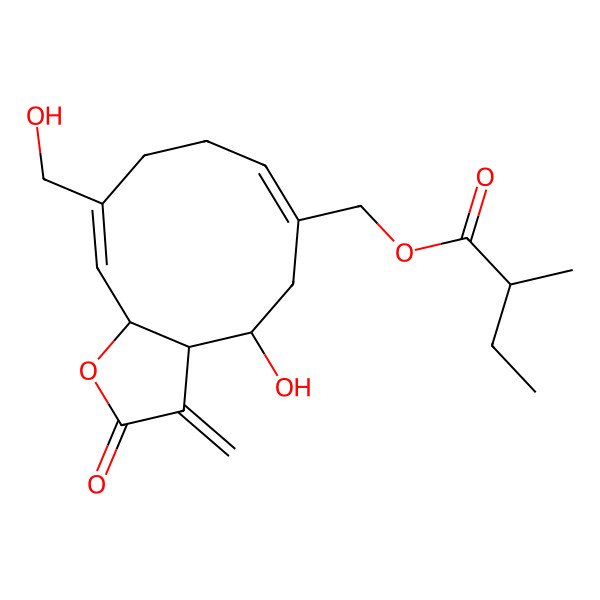 2D Structure of [4-Hydroxy-10-(hydroxymethyl)-3-methylidene-2-oxo-3a,4,5,8,9,11a-hexahydrocyclodeca[b]furan-6-yl]methyl 2-methylbutanoate