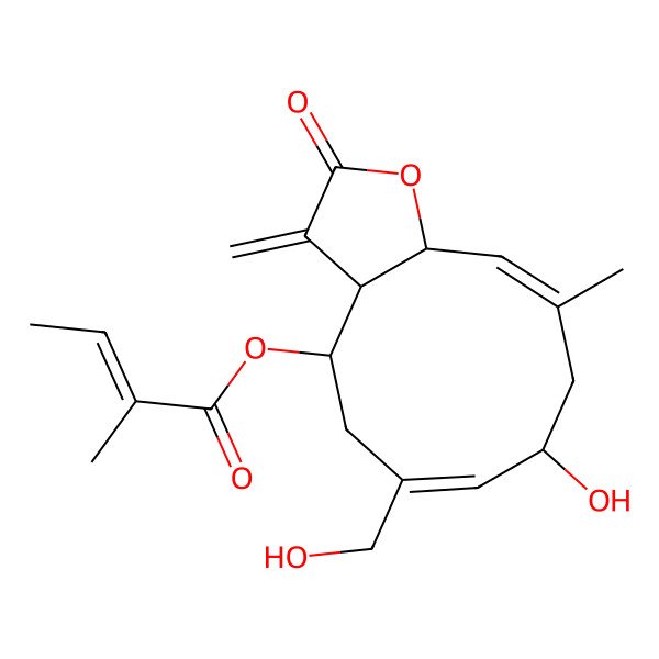 2D Structure of [(3aR,4R,6Z,8R,10E,11aR)-8-hydroxy-6-(hydroxymethyl)-10-methyl-3-methylidene-2-oxo-3a,4,5,8,9,11a-hexahydrocyclodeca[b]furan-4-yl] (Z)-2-methylbut-2-enoate
