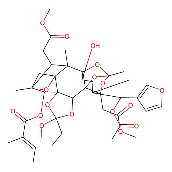 2D Structure of [17-[Acetyloxy(furan-3-yl)methyl]-9-ethyl-3,19-dihydroxy-9-methoxy-16,21-bis(2-methoxy-2-oxoethyl)-2,5,14,17-tetramethyl-8,10,13,15,20-pentaoxaheptacyclo[12.5.1.12,5.01,12.03,7.07,11.012,16]henicosan-6-yl] 2-methylbut-2-enoate