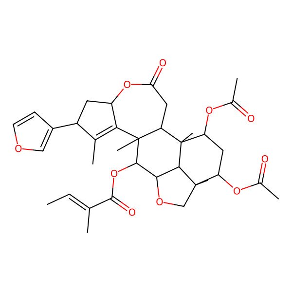 2D Structure of [17,19-Diacetyloxy-8-(furan-3-yl)-1,9,11,16-tetramethyl-4-oxo-5,14-dioxapentacyclo[11.6.1.02,11.06,10.016,20]icos-9-en-12-yl] 2-methylbut-2-enoate
