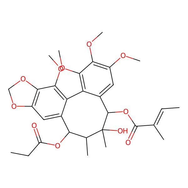 2D Structure of (9-Hydroxy-3,4,5,19-tetramethoxy-9,10-dimethyl-11-propanoyloxy-15,17-dioxatetracyclo[10.7.0.02,7.014,18]nonadeca-1(19),2,4,6,12,14(18)-hexaen-8-yl) 2-methylbut-2-enoate