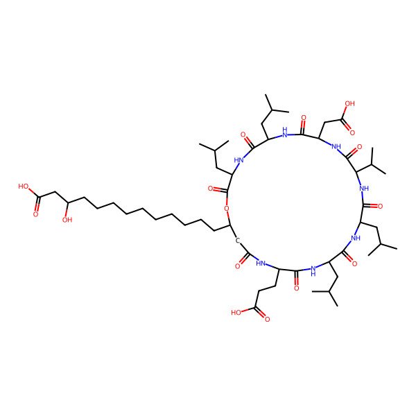 2D Structure of (3S)-13-[(3S,6R,9S,12S,15R,18S,21S,25R)-21-(2-carboxyethyl)-9-(carboxymethyl)-3,6,15,18-tetrakis(2-methylpropyl)-2,5,8,11,14,17,20,23-octaoxo-12-propan-2-yl-1-oxa-4,7,10,13,16,19,22-heptazacyclopentacos-25-yl]-3-hydroxytridecanoic acid