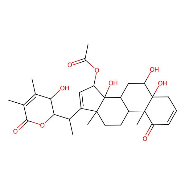 2D Structure of [5,6,14-Trihydroxy-17-[1-(3-hydroxy-4,5-dimethyl-6-oxo-2,3-dihydropyran-2-yl)ethyl]-10,13-dimethyl-1-oxo-4,6,7,8,9,11,12,15-octahydrocyclopenta[a]phenanthren-15-yl] acetate