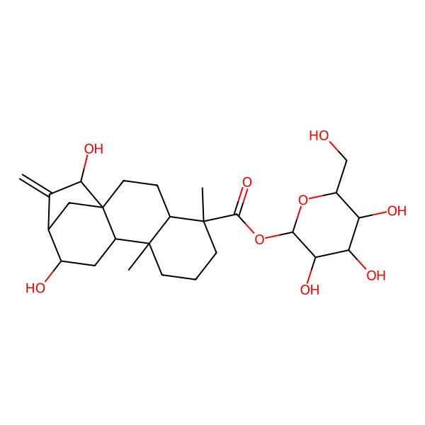 2D Structure of [(2S,3R,4S,5S,6R)-3,4,5-trihydroxy-6-(hydroxymethyl)oxan-2-yl] (1R,4S,5R,9S,10S,12R,13R,15R)-12,15-dihydroxy-5,9-dimethyl-14-methylidenetetracyclo[11.2.1.01,10.04,9]hexadecane-5-carboxylate