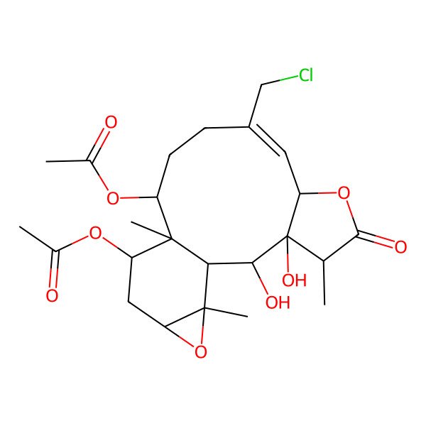2D Structure of [(1S,2R,3R,4R,7S,8E,12R,13S,14S,16S,18R)-14-acetyloxy-9-(chloromethyl)-2,3-dihydroxy-4,13,18-trimethyl-5-oxo-6,17-dioxatetracyclo[11.5.0.03,7.016,18]octadec-8-en-12-yl] acetate
