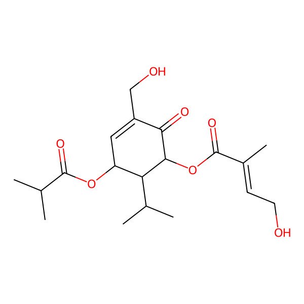 2D Structure of [3-(Hydroxymethyl)-5-(2-methylpropanoyloxy)-2-oxo-6-propan-2-ylcyclohex-3-en-1-yl] 4-hydroxy-2-methylbut-2-enoate