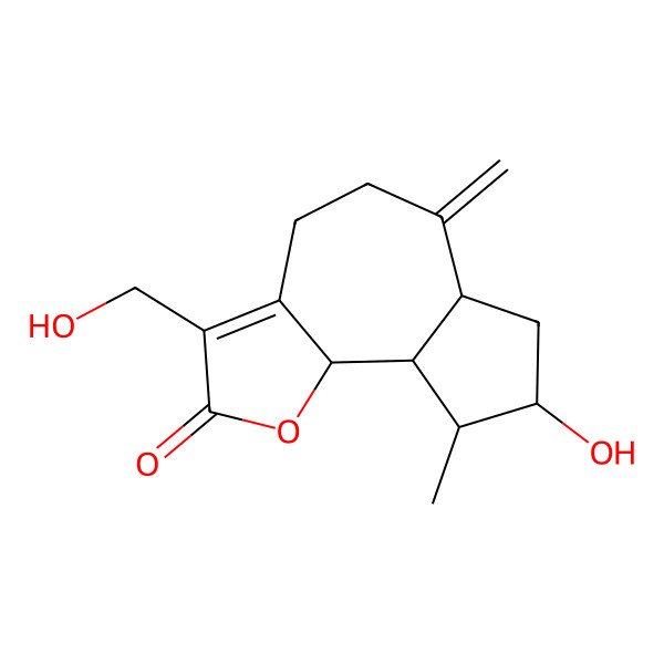 2D Structure of (6aS,8S,9R,9aS,9bS)-8-hydroxy-3-(hydroxymethyl)-9-methyl-6-methylidene-4,5,6a,7,8,9,9a,9b-octahydroazuleno[4,5-b]furan-2-one