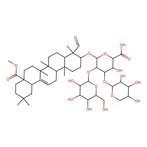 2D Structure of 6-[(4-Formyl-8a-methoxycarbonyl-4,6a,6b,11,11,14b-hexamethyl-1,2,3,4a,5,6,7,8,9,10,12,12a,14,14a-tetradecahydropicen-3-yl)oxy]-3-hydroxy-5-[3,4,5-trihydroxy-6-(hydroxymethyl)oxan-2-yl]oxy-4-(3,4,5-trihydroxyoxan-2-yl)oxyoxane-2-carboxylic acid
