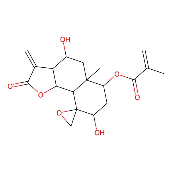 2D Structure of [(3aR,4S,5aR,6S,8S,9S,9aS,9bS)-4,8-dihydroxy-5a-methyl-3-methylidene-2-oxospiro[3a,4,5,6,7,8,9a,9b-octahydrobenzo[g][1]benzofuran-9,2'-oxirane]-6-yl] 2-methylprop-2-enoate