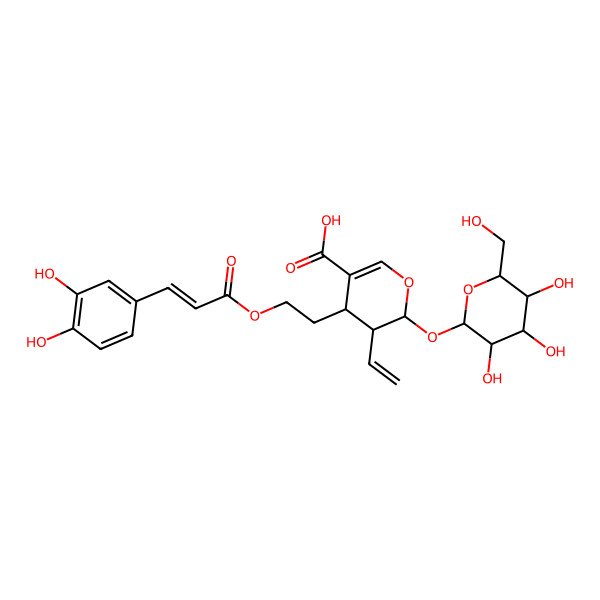 2D Structure of (2S,3S,4S)-4-[2-[(E)-3-(3,4-dihydroxyphenyl)prop-2-enoyl]oxyethyl]-3-ethenyl-2-[(2S,3S,4S,5S,6R)-3,4,5-trihydroxy-6-(hydroxymethyl)oxan-2-yl]oxy-3,4-dihydro-2H-pyran-5-carboxylic acid