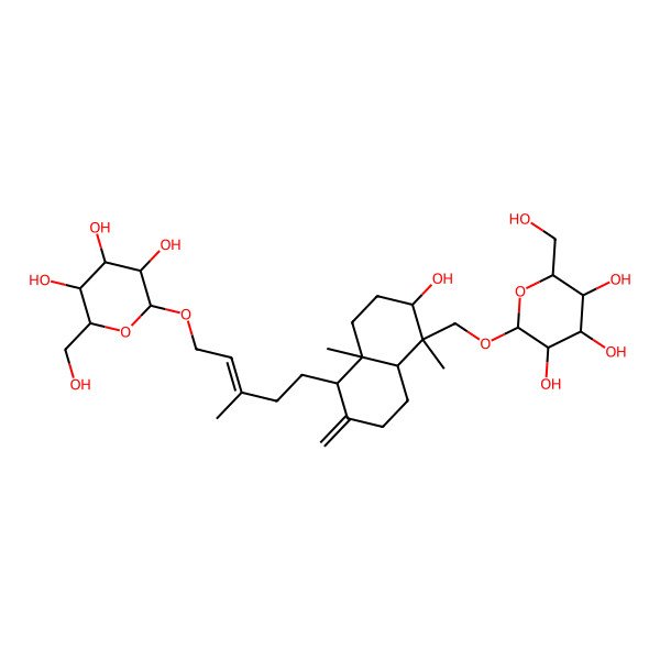 2D Structure of (2R,3R,4S,5S,6R)-2-[(E)-5-[(1R,4aR,5S,6R,8aS)-6-hydroxy-5,8a-dimethyl-2-methylidene-5-[[(2R,3R,4S,5S,6R)-3,4,5-trihydroxy-6-(hydroxymethyl)oxan-2-yl]oxymethyl]-3,4,4a,6,7,8-hexahydro-1H-naphthalen-1-yl]-3-methylpent-2-enoxy]-6-(hydroxymethyl)oxane-3,4,5-triol