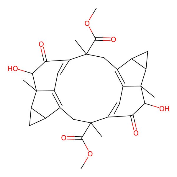 2D Structure of dimethyl (2S,5R,7S,8S,12S,15R,17S,18R,19S,24S)-19,24-dihydroxy-2,8,12,18-tetramethyl-20,23-dioxoheptacyclo[12.6.2.28,11.04,9.05,7.015,17.018,22]tetracosa-1(21),4(9),10,14(22)-tetraene-2,12-dicarboxylate
