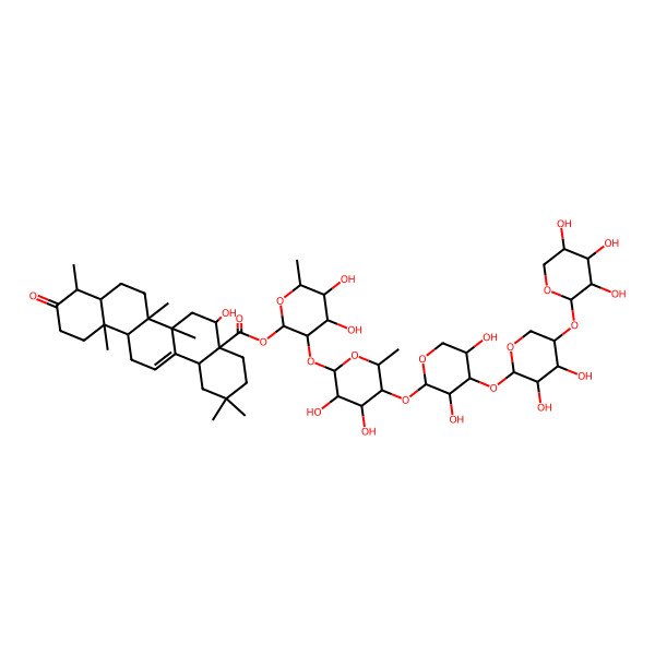 2D Structure of [3-[5-[4-[3,4-Dihydroxy-5-(3,4,5-trihydroxyoxan-2-yl)oxyoxan-2-yl]oxy-3,5-dihydroxyoxan-2-yl]oxy-3,4-dihydroxy-6-methyloxan-2-yl]oxy-4,5-dihydroxy-6-methyloxan-2-yl] 5-hydroxy-2,2,6a,6b,9,12a-hexamethyl-10-oxo-1,3,4,5,6,6a,7,8,8a,9,11,12,13,14b-tetradecahydropicene-4a-carboxylate