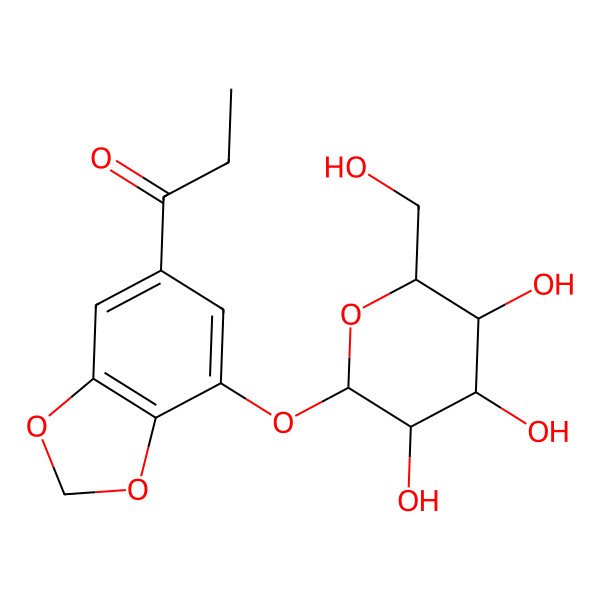 2D Structure of 1-[7-[(2S,3R,4S,5S,6R)-3,4,5-trihydroxy-6-(hydroxymethyl)oxan-2-yl]oxy-1,3-benzodioxol-5-yl]propan-1-one