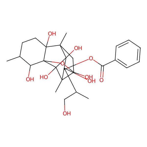 2D Structure of [2,6,9,11,13,14-Hexahydroxy-11-(1-hydroxypropan-2-yl)-3,7,10-trimethyl-15-oxapentacyclo[7.5.1.01,6.07,13.010,14]pentadecan-12-yl] benzoate