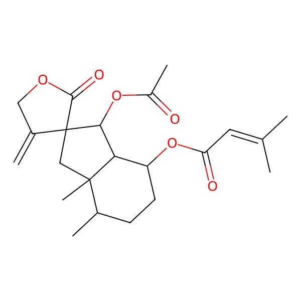 2D Structure of (3-acetyloxy-7,7a-dimethyl-4'-methylidene-2'-oxospiro[3,3a,4,5,6,7-hexahydro-1H-indene-2,3'-oxolane]-4-yl) 3-methylbut-2-enoate