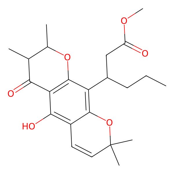 2D Structure of methyl (3R)-3-[(7R,8R)-5-hydroxy-2,2,7,8-tetramethyl-6-oxo-7,8-dihydropyrano[3,2-g]chromen-10-yl]hexanoate