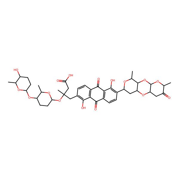 2D Structure of (3S)-4-[6-[(1R,3R,5S,8S,10R,12R,14R)-5,14-dimethyl-6-oxo-2,4,9,13-tetraoxatricyclo[8.4.0.03,8]tetradecan-12-yl]-1,5-dihydroxy-9,10-dioxoanthracen-2-yl]-3-[(2S,5R,6S)-5-[(2S,5R,6S)-5-hydroxy-6-methyloxan-2-yl]oxy-6-methyloxan-2-yl]oxy-3-methylbutanoic acid