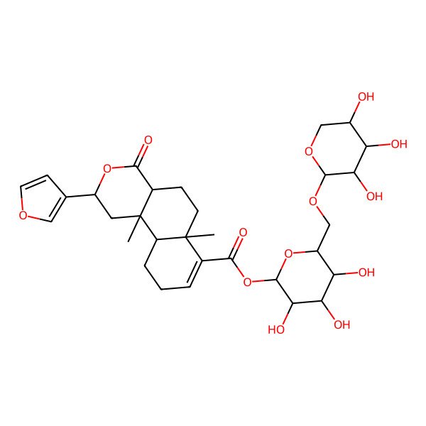 2D Structure of [(2S,3R,4S,5S,6R)-3,4,5-trihydroxy-6-[[(2S,3R,4S,5R)-3,4,5-trihydroxyoxan-2-yl]oxymethyl]oxan-2-yl] (2S,4aS,6aR,10aS,10bS)-2-(furan-3-yl)-6a,10b-dimethyl-4-oxo-1,2,4a,5,6,9,10,10a-octahydrobenzo[f]isochromene-7-carboxylate