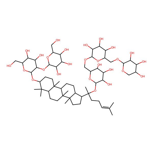 2D Structure of 2-[4,5-dihydroxy-6-(hydroxymethyl)-2-[[4,4,8,10,14-pentamethyl-17-[6-methyl-2-[3,4,5-trihydroxy-6-[[3,4,5-trihydroxy-6-[(3,4,5-trihydroxyoxan-2-yl)oxymethyl]oxan-2-yl]oxymethyl]oxan-2-yl]oxyhept-5-en-2-yl]-2,3,5,6,7,9,11,12,13,15,16,17-dodecahydro-1H-cyclopenta[a]phenanthren-3-yl]oxy]oxan-3-yl]oxy-6-(hydroxymethyl)oxane-3,4,5-triol