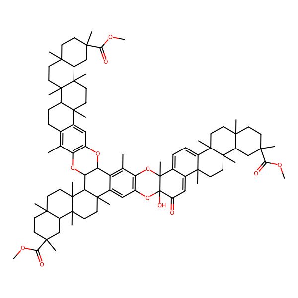 2D Structure of trimethyl (2S,7R,10S,11R,13R,16S,19R,20R,27R,28S,29R,32S,35R,37R,38S,41R,46S,50R,53S,54R,56R,59R,62S,67S)-46-hydroxy-7,10,13,16,19,24,29,32,35,38,41,50,53,56,59,62,67,70-octadecamethyl-47-oxo-3,26,45,68-tetraoxaheptadecacyclo[40.28.0.02,27.04,25.06,23.07,20.010,19.011,16.028,41.029,38.032,37.044,69.046,67.049,66.050,63.053,62.054,59]heptaconta-1(70),4(25),5,23,42,44(69),48,63,65-nonaene-13,35,56-tricarboxylate