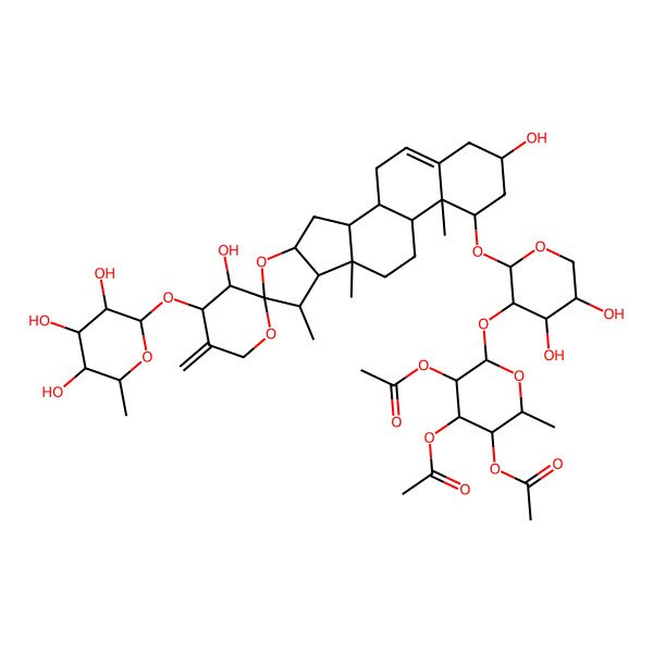 2D Structure of [(2S,3S,4R,5R,6S)-4,5-diacetyloxy-6-[(2S,3R,4S,5S)-2-[(1S,2S,3'S,4S,4'S,6S,7S,8R,9S,12S,13R,14R,16R)-3',16-dihydroxy-7,9,13-trimethyl-5'-methylidene-4'-[(2S,3R,4S,5R,6R)-3,4,5-trihydroxy-6-methyloxan-2-yl]oxyspiro[5-oxapentacyclo[10.8.0.02,9.04,8.013,18]icos-18-ene-6,2'-oxane]-14-yl]oxy-4,5-dihydroxyoxan-3-yl]oxy-2-methyloxan-3-yl] acetate