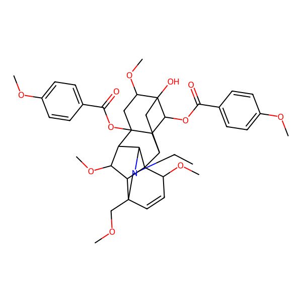 2D Structure of [(1S,2R,3R,4R,5S,6S,8R,9R,10R,13S,16S,17R,18R)-11-ethyl-5-hydroxy-6,16,18-trimethoxy-8-(4-methoxybenzoyl)oxy-13-(methoxymethyl)-11-azahexacyclo[7.7.2.12,5.01,10.03,8.013,17]nonadec-14-en-4-yl] 4-methoxybenzoate