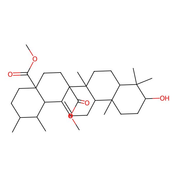 2D Structure of dimethyl (1S,2S,4aS,6aS,6aS,6bR,8aR,10S,12aR,14bS)-10-hydroxy-1,2,6b,9,9,12a-hexamethyl-2,3,4,5,6,6a,7,8,8a,10,11,12,13,14b-tetradecahydro-1H-picene-4a,6a-dicarboxylate