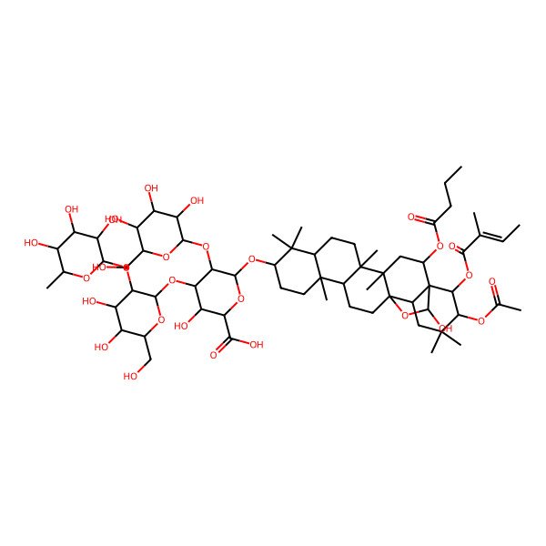 2D Structure of 6-[[21-Acetyloxy-2-butanoyloxy-23-hydroxy-4,5,9,9,13,20,20-heptamethyl-22-(2-methylbut-2-enoyloxy)-24-oxahexacyclo[15.5.2.01,18.04,17.05,14.08,13]tetracosan-10-yl]oxy]-4-[4,5-dihydroxy-6-(hydroxymethyl)-3-(3,4,5-trihydroxy-6-methyloxan-2-yl)oxyoxan-2-yl]oxy-3-hydroxy-5-[3,4,5-trihydroxy-6-(hydroxymethyl)oxan-2-yl]oxyoxane-2-carboxylic acid