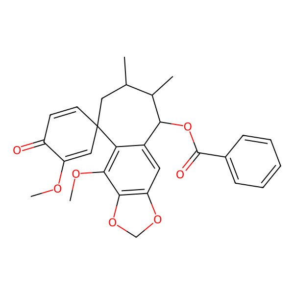 2D Structure of (1',10-Dimethoxy-6,7-dimethyl-6'-oxospiro[5,6,7,8-tetrahydrocyclohepta[f][1,3]benzodioxole-9,3'-cyclohexa-1,4-diene]-5-yl) benzoate