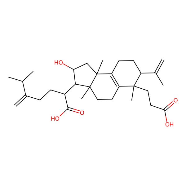 2D Structure of 2-[6-(2-Carboxyethyl)-2-hydroxy-3a,6,9b-trimethyl-7-prop-1-en-2-yl-1,2,3,4,5,7,8,9-octahydrocyclopenta[a]naphthalen-3-yl]-6-methyl-5-methylideneheptanoic acid