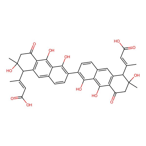 2D Structure of 3-[6-[5-(1-Carboxyprop-1-en-2-yl)-1,6,9-trihydroxy-6-methyl-8-oxo-5,7-dihydroanthracen-2-yl]-2,5,10-trihydroxy-2-methyl-4-oxo-1,3-dihydroanthracen-1-yl]but-2-enoic acid