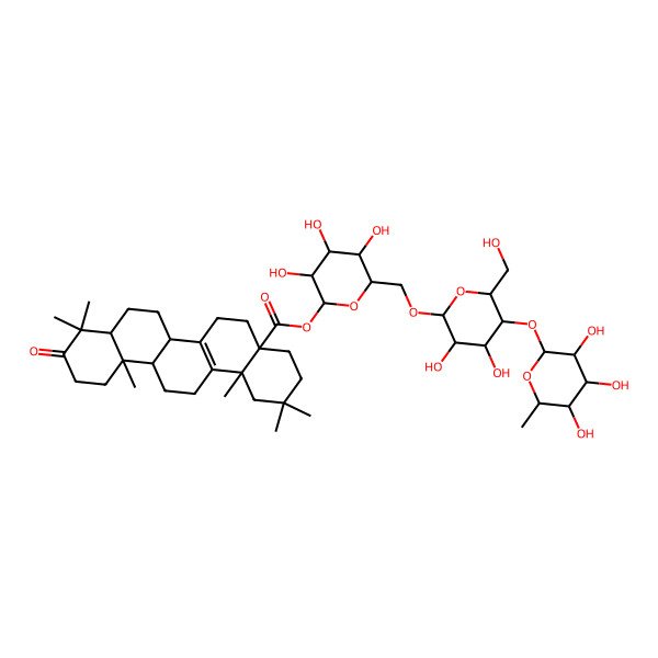 2D Structure of [6-[[3,4-Dihydroxy-6-(hydroxymethyl)-5-(3,4,5-trihydroxy-6-methyloxan-2-yl)oxyoxan-2-yl]oxymethyl]-3,4,5-trihydroxyoxan-2-yl] 2,2,9,9,12a,14b-hexamethyl-10-oxo-1,3,4,5,6,6a,6b,7,8,8a,11,12,13,14-tetradecahydropicene-4a-carboxylate