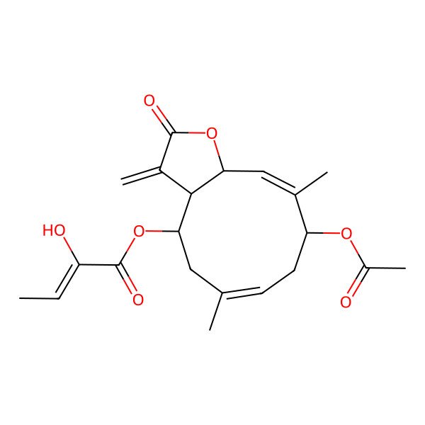 2D Structure of [(3aR,4R,6E,9R,10Z,11aR)-9-acetyloxy-6,10-dimethyl-3-methylidene-2-oxo-3a,4,5,8,9,11a-hexahydrocyclodeca[b]furan-4-yl] (Z)-2-hydroxybut-2-enoate