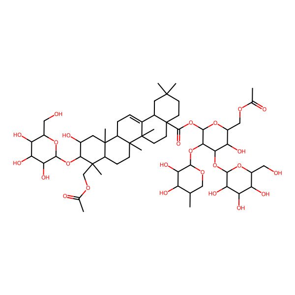 2D Structure of [(2S,3R,4S,5R,6R)-6-(acetyloxymethyl)-3-[(2S,3R,4S,5R)-3,4-dihydroxy-5-methyloxan-2-yl]oxy-5-hydroxy-4-[(2R,3R,4S,5S,6R)-3,4,5-trihydroxy-6-(hydroxymethyl)oxan-2-yl]oxyoxan-2-yl] (4aS,6aR,6aS,6bR,8aR,9R,10R,11S,12aR,14bS)-9-(acetyloxymethyl)-11-hydroxy-2,2,6a,6b,9,12a-hexamethyl-10-[(2R,3R,4S,5S,6R)-3,4,5-trihydroxy-6-(hydroxymethyl)oxan-2-yl]oxy-1,3,4,5,6,6a,7,8,8a,10,11,12,13,14b-tetradecahydropicene-4a-carboxylate