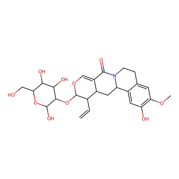 2D Structure of 16-Ethenyl-4-hydroxy-5-methoxy-15-[2,4,5-trihydroxy-6-(hydroxymethyl)oxan-3-yl]oxy-14-oxa-10-azatetracyclo[8.8.0.02,7.012,17]octadeca-2,4,6,12-tetraen-11-one
