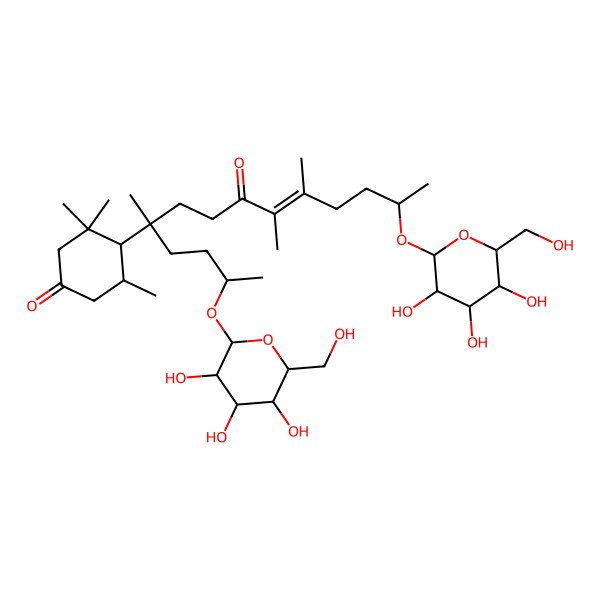 2D Structure of (4S,5R)-3,3,5-trimethyl-4-[(Z,2R,5S,13R)-5,9,10-trimethyl-8-oxo-2,13-bis[[(2R,3R,4S,5S,6R)-3,4,5-trihydroxy-6-(hydroxymethyl)oxan-2-yl]oxy]tetradec-9-en-5-yl]cyclohexan-1-one