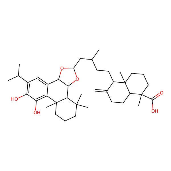 2D Structure of 5-[4-(6,7-dihydroxy-7b,11,11-trimethyl-5-propan-2-yl-3a,8,9,10,11a,11b-hexahydrophenanthro[9,10-d][1,3]dioxol-2-yl)-3-methylbutyl]-1,4a-dimethyl-6-methylidene-3,4,5,7,8,8a-hexahydro-2H-naphthalene-1-carboxylic acid
